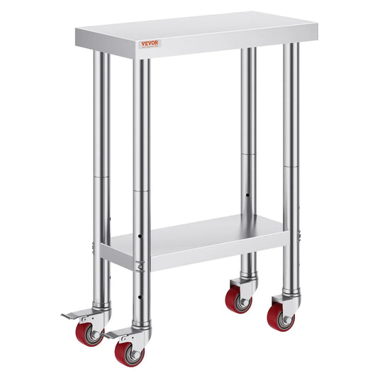 VEVOR Stainless Steel Work Table with Wheels 24 x 12 x 32 Inch Prep Table with 4 Casters Heavy Duty Work Table for Commercial Kitchen Restaurant Business