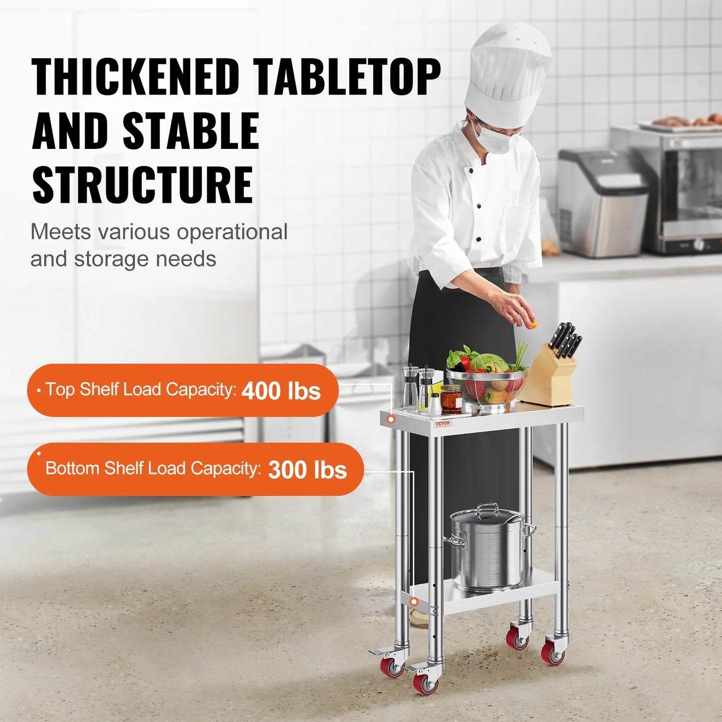 VEVOR Stainless Steel Work Table with Wheels 24 x 12 x 32 Inch Prep Table with 4 Casters Heavy Duty Work Table for Commercial Kitchen Restaurant Business - Mekamart Australia