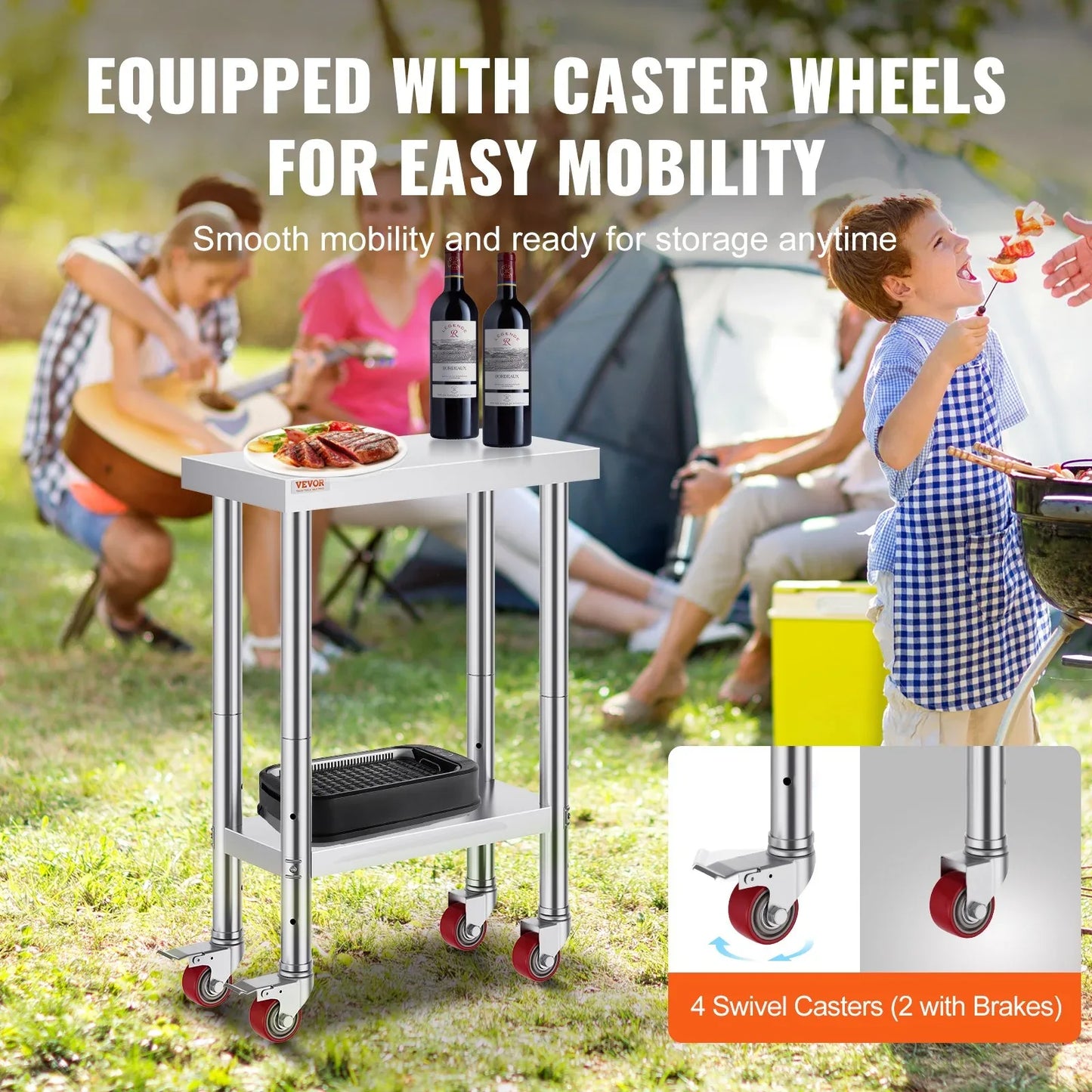 VEVOR Stainless Steel Work Table with Wheels 24 x 12 x 32 Inch Prep Table with 4 Casters Heavy Duty Work Table for Commercial Kitchen Restaurant Business - Mekamart Australia