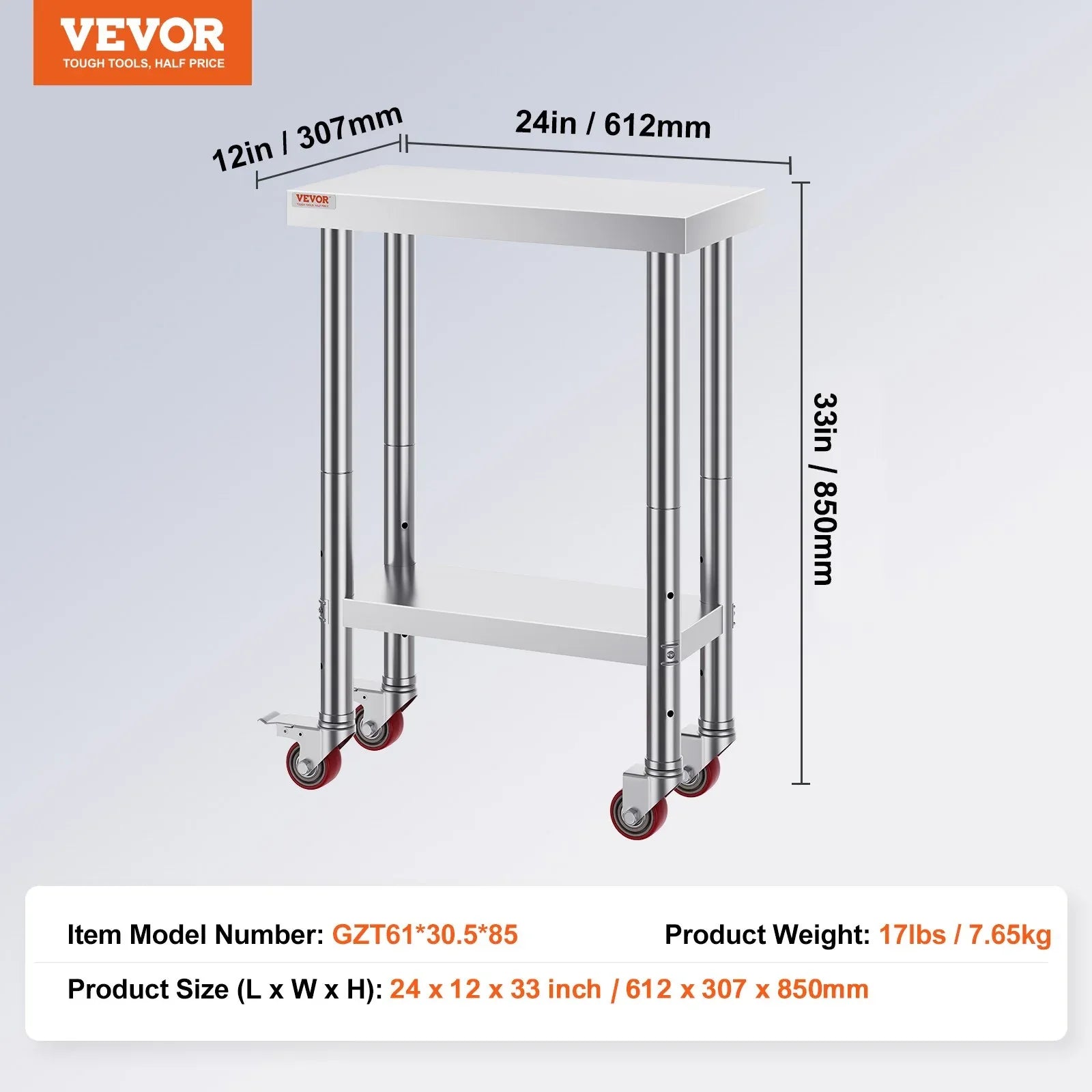 VEVOR Stainless Steel Work Table with Wheels 24 x 12 x 32 Inch Prep Table with 4 Casters Heavy Duty Work Table for Commercial Kitchen Restaurant Business - Mekamart Australia