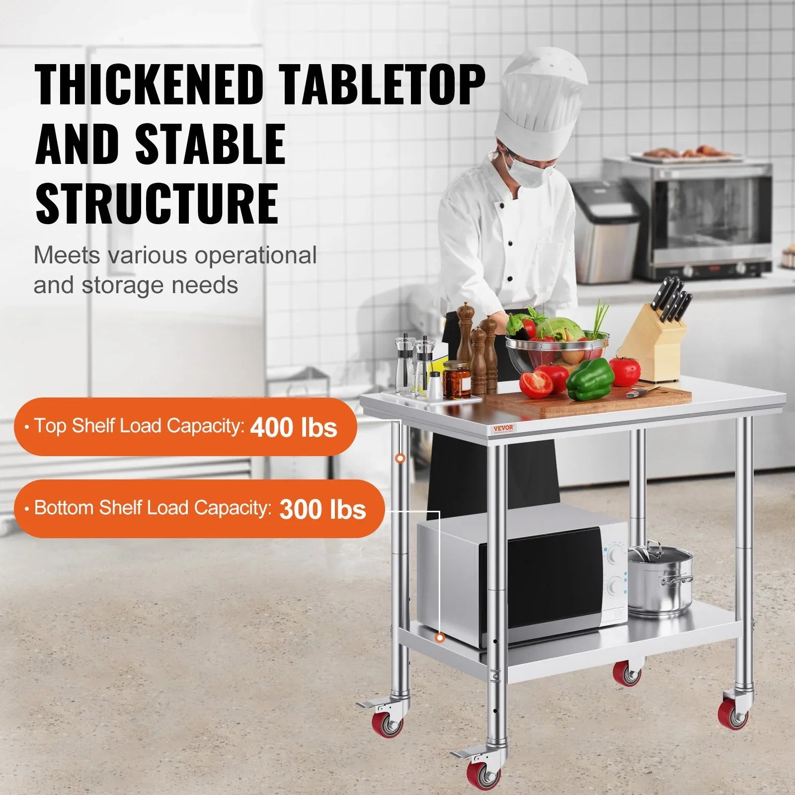 VEVOR Stainless Steel Work Table 36x24 Inch with 4 Wheels Commercial Food Prep Worktable with Casters Heavy Duty Work Table for Commercial Kitchen Restaurant - Mekamart Australia