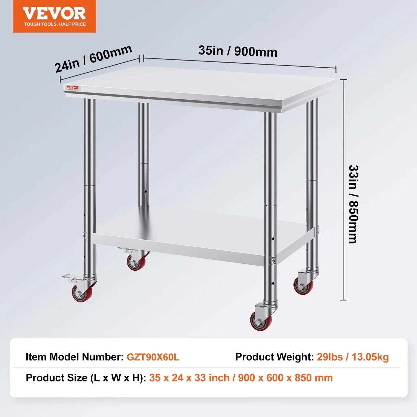 VEVOR Stainless Steel Work Table 36x24 Inch with 4 Wheels Commercial Food Prep Worktable with Casters Heavy Duty Work Table for Commercial Kitchen Restaurant - Mekamart Australia