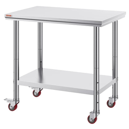 VEVOR Stainless Steel Work Table 36x24 Inch with 4 Wheels Commercial Food Prep Worktable with Casters Heavy Duty Work Table for Commercial Kitchen Restaurant - Mekamart Australia