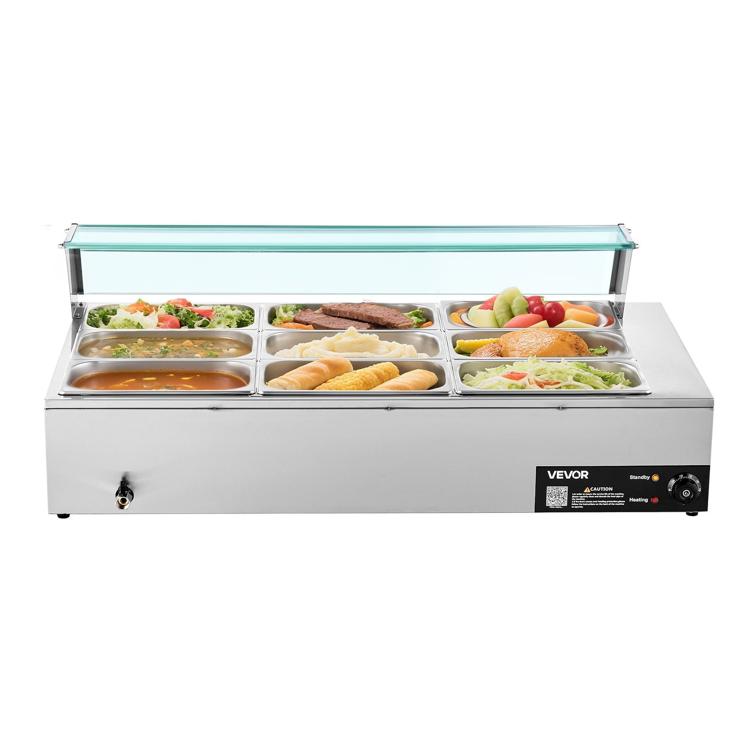 VEVOR Commercial Food Warmer, 1500W Electric Stainless Steel Steam Food Warmer with Glass Cover, 9-Pan Countertop Buffet Bain Marie with Soup & Perforated Ladles, for Catering, Restaurant & Party