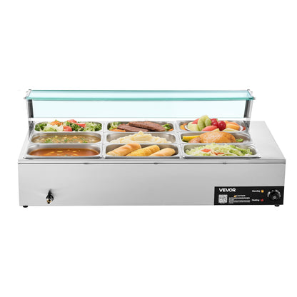 VEVOR Commercial Food Warmer, 1500W Electric Stainless Steel Steam Food Warmer with Glass Cover, 9-Pan Countertop Buffet Bain Marie with Soup & Perforated Ladles, for Catering, Restaurant & Party