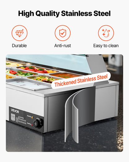 VEVOR Commercial Food Warmer, 1500W Electric Stainless Steel Steam Food Warmer with Glass Cover, 9-Pan Countertop Buffet Bain Marie with Soup & Perforated Ladles, for Catering, Restaurant & Party