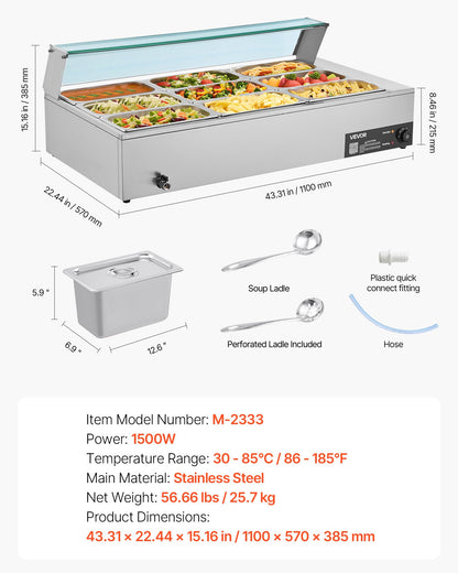 VEVOR Commercial Food Warmer, 1500W Electric Stainless Steel Steam Food Warmer with Glass Cover, 9-Pan Countertop Buffet Bain Marie with Soup & Perforated Ladles, for Catering, Restaurant & Party