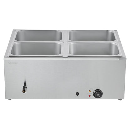 VEVOR Commercial Food Warmer, 1500W Electric Stainless Steel Steam Food Warmer with Lid, 4-Pan Fast Heating Countertop Buffet Bain Marie with Soup & Perforated Ladles, for Catering, Restaurant, Party