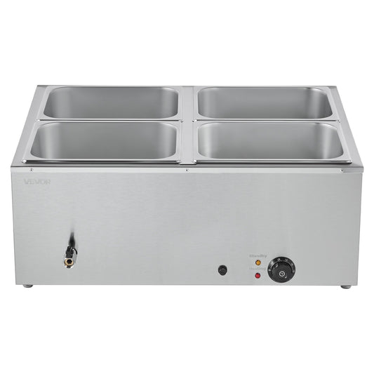 VEVOR Commercial Food Warmer, 1500W Electric Stainless Steel Steam Food Warmer with Lid, 4-Pan Fast Heating Countertop Buffet Bain Marie with Soup & Perforated Ladles, for Catering, Restaurant, Party