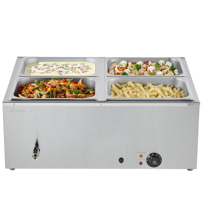 VEVOR Commercial Food Warmer, 1500W Electric Stainless Steel Steam Food Warmer with Lid, 4-Pan Fast Heating Countertop Buffet Bain Marie with Soup & Perforated Ladles, for Catering, Restaurant, Party