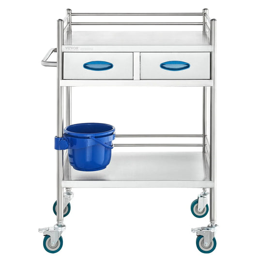 VEVOR Lab Serving Cart, 2 Layers Stainless Steel Utility Rolling Cart, Medical Cart with Two Drawers, Dental Utility Cart with Lockable Wheels and A Bucket, for Laboratory, Hospital, Dental Use