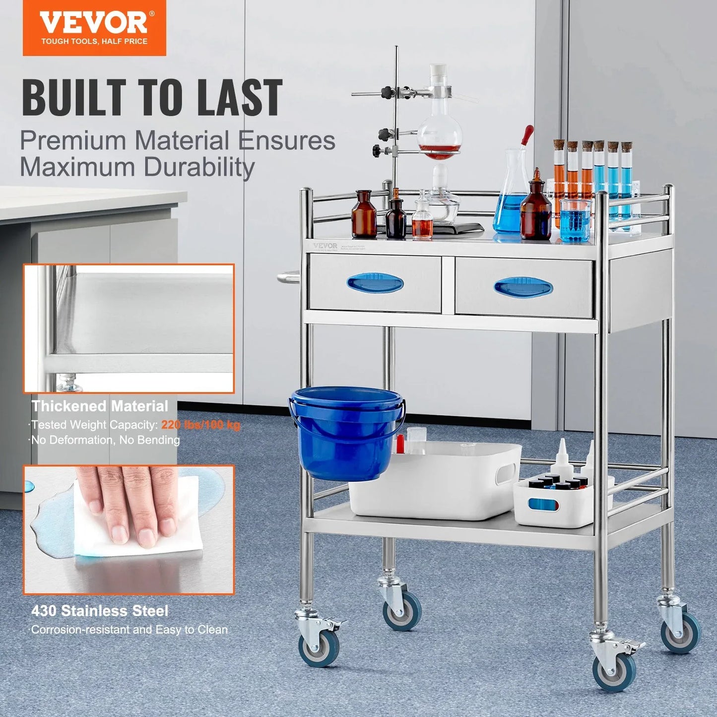 VEVOR Lab Serving Cart, 2 Layers Stainless Steel Utility Rolling Cart, Medical Cart with Two Drawers, Dental Utility Cart with Lockable Wheels and A Bucket, for Laboratory, Hospital, Dental Use - Mekamart Australia