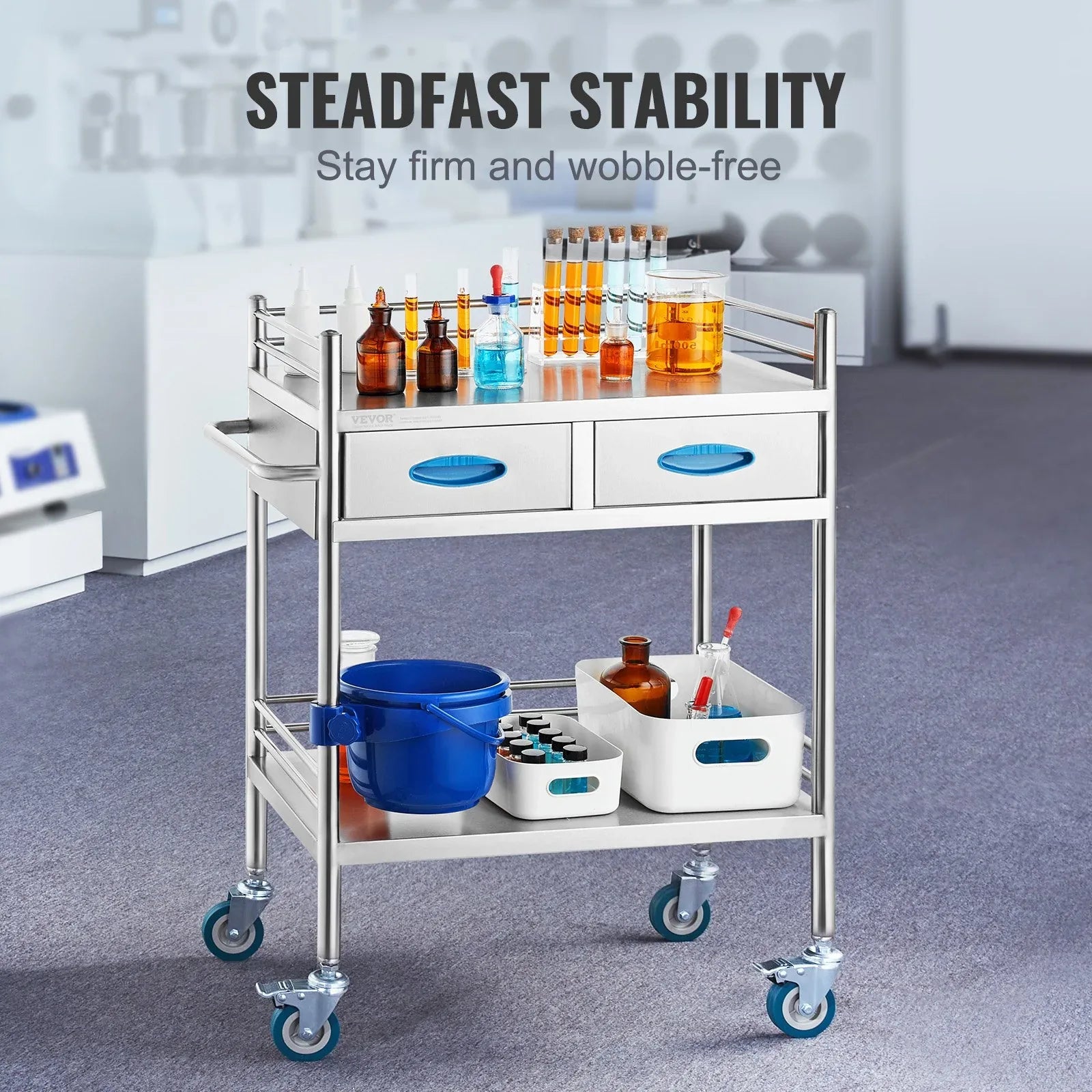 VEVOR Lab Serving Cart, 2 Layers Stainless Steel Utility Rolling Cart, Medical Cart with Two Drawers, Dental Utility Cart with Lockable Wheels and A Bucket, for Laboratory, Hospital, Dental Use - Mekamart Australia