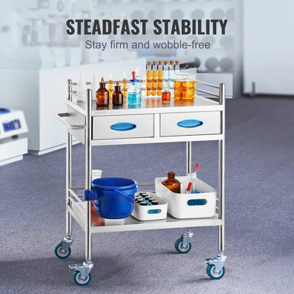 VEVOR Lab Serving Cart, 2 Layers Stainless Steel Utility Rolling Cart, Medical Cart with Two Drawers, Dental Utility Cart with Lockable Wheels and A Bucket, for Laboratory, Hospital, Dental Use - Mekamart Australia
