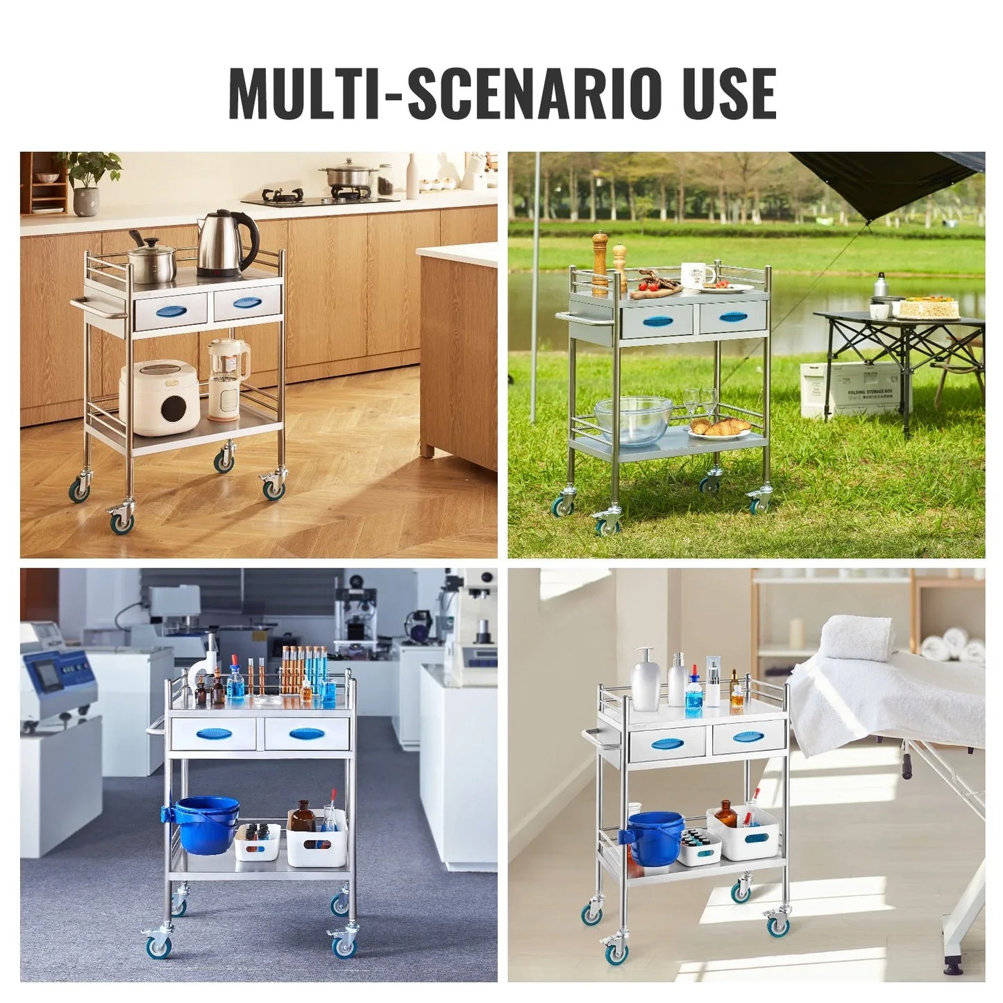 VEVOR Lab Serving Cart, 2 Layers Stainless Steel Utility Rolling Cart, Medical Cart with Two Drawers, Dental Utility Cart with Lockable Wheels and A Bucket, for Laboratory, Hospital, Dental Use - Mekamart Australia