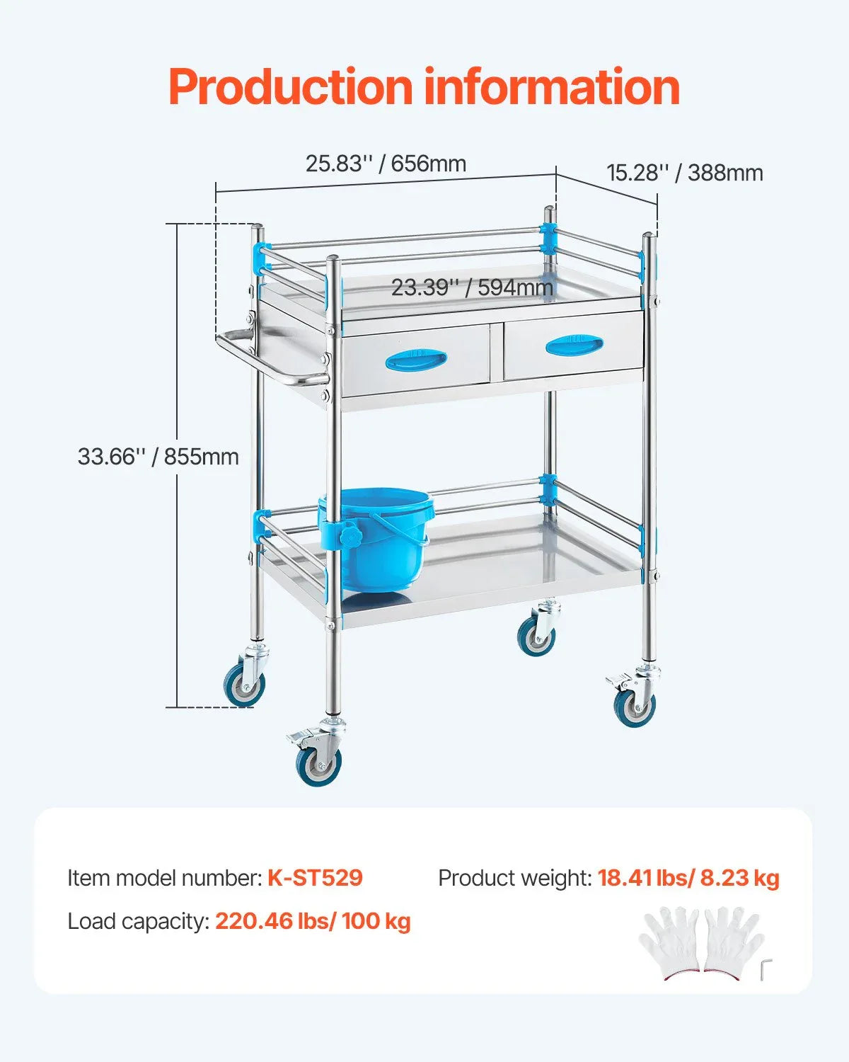 VEVOR Lab Serving Cart, 2 Layers Stainless Steel Utility Rolling Cart, Medical Cart with Two Drawers, Dental Utility Cart with Lockable Wheels and A Bucket, for Laboratory, Hospital, Dental Use - Mekamart Australia