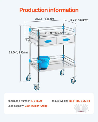 VEVOR Lab Serving Cart, 2 Layers Stainless Steel Utility Rolling Cart, Medical Cart with Two Drawers, Dental Utility Cart with Lockable Wheels and A Bucket, for Laboratory, Hospital, Dental Use - Mekamart Australia
