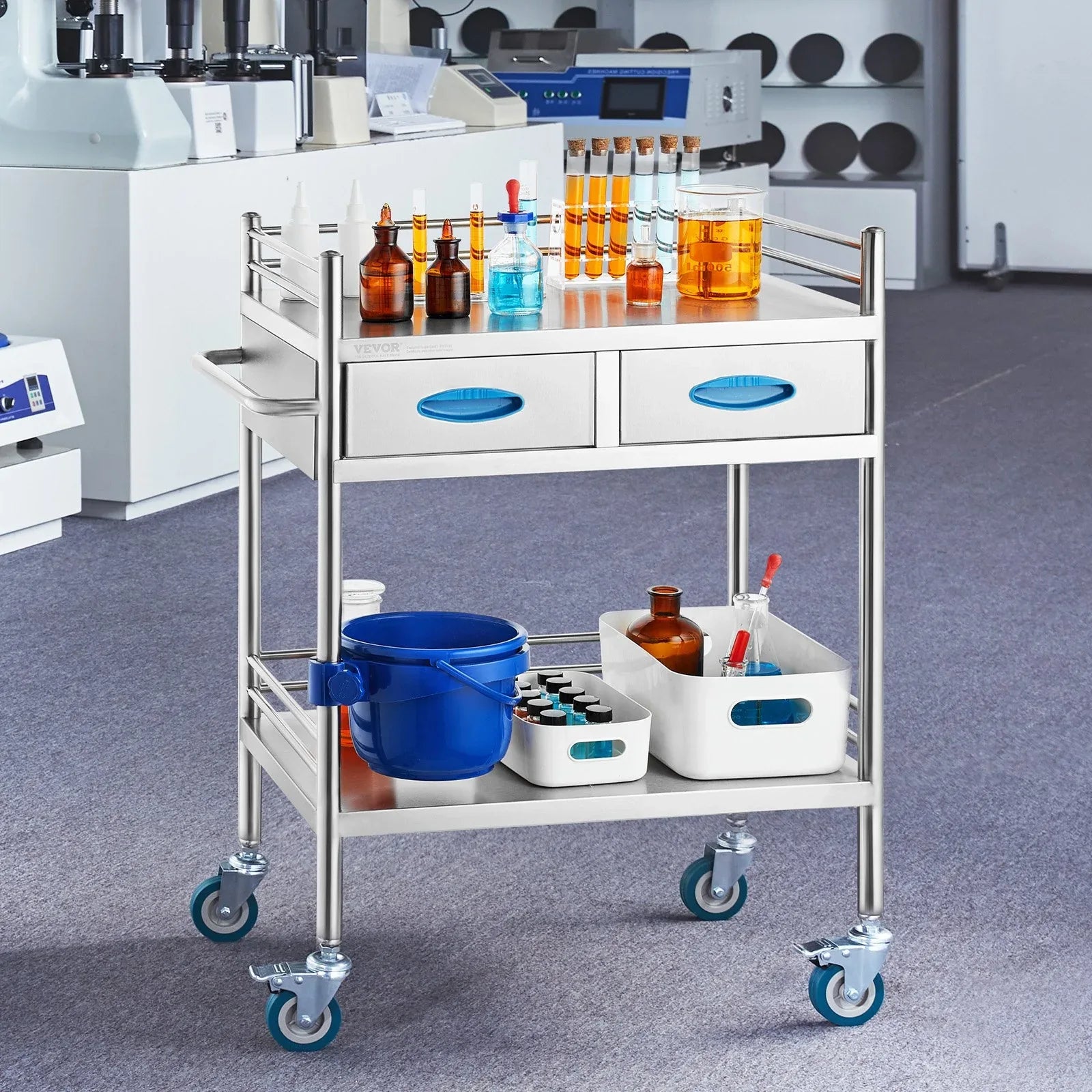 VEVOR Lab Serving Cart, 2 Layers Stainless Steel Utility Rolling Cart, Medical Cart with Two Drawers, Dental Utility Cart with Lockable Wheels and A Bucket, for Laboratory, Hospital, Dental Use - Mekamart Australia