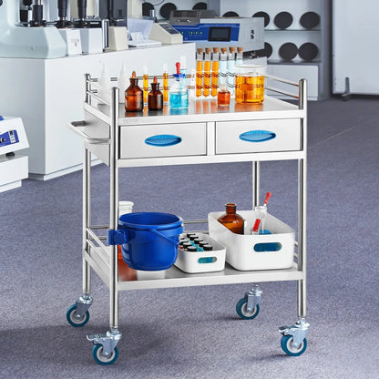 VEVOR Lab Serving Cart, 2 Layers Stainless Steel Utility Rolling Cart, Medical Cart with Two Drawers, Dental Utility Cart with Lockable Wheels and A Bucket, for Laboratory, Hospital, Dental Use - Mekamart Australia