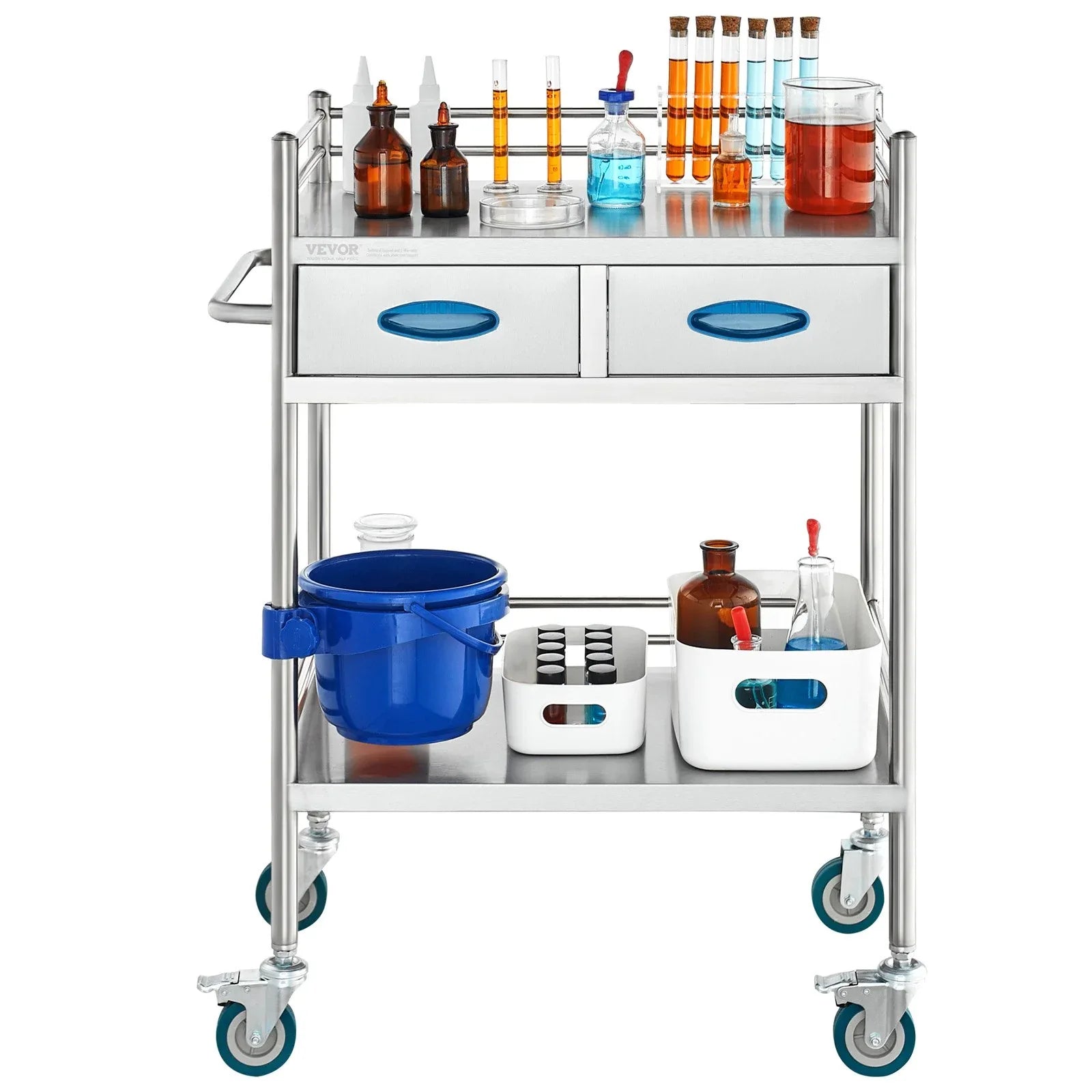 VEVOR Lab Serving Cart, 2 Layers Stainless Steel Utility Rolling Cart, Medical Cart with Two Drawers, Dental Utility Cart with Lockable Wheels and A Bucket, for Laboratory, Hospital, Dental Use - Mekamart Australia
