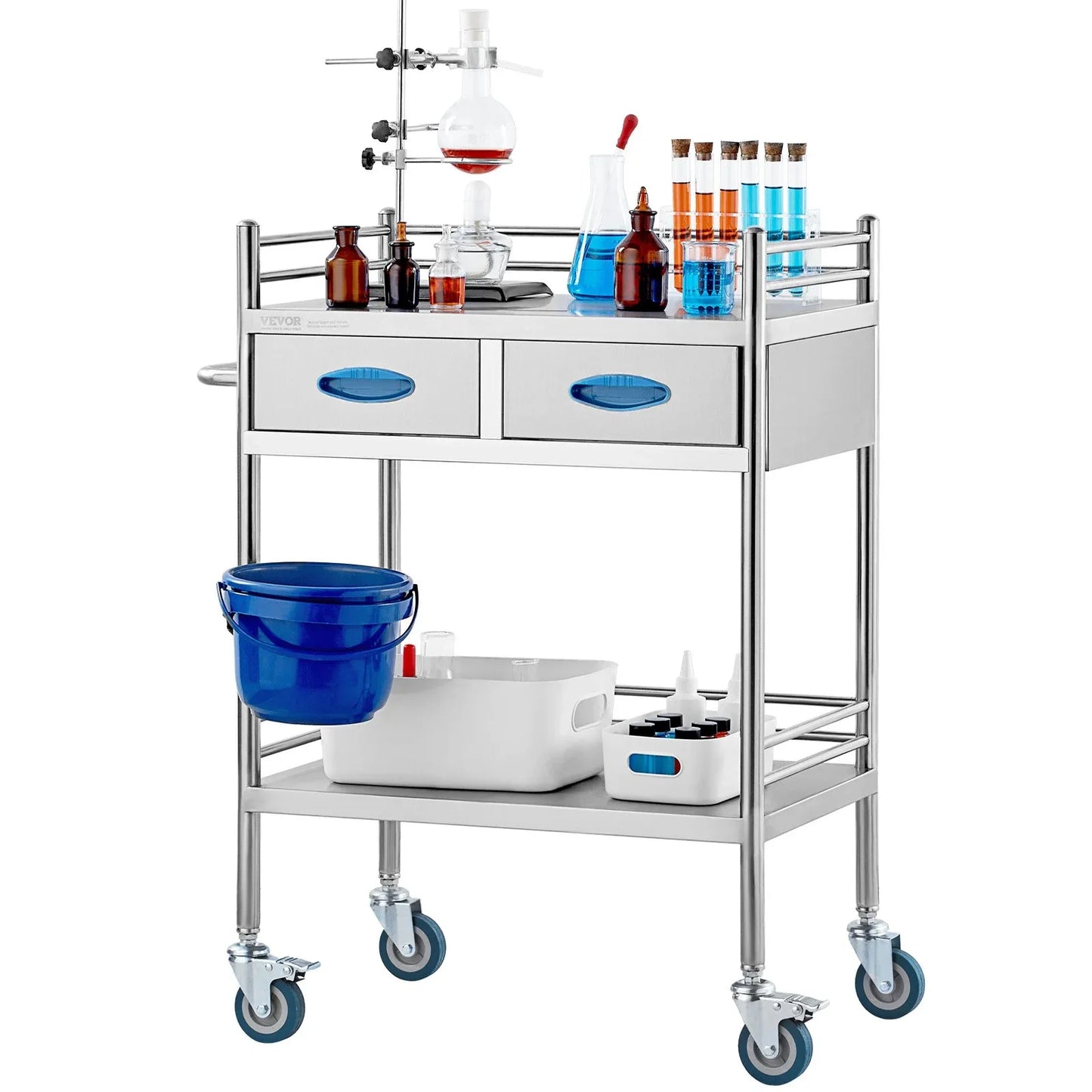 VEVOR Lab Serving Cart, 2 Layers Stainless Steel Utility Rolling Cart, Medical Cart with Two Drawers, Dental Utility Cart with Lockable Wheels and A Bucket, for Laboratory, Hospital, Dental Use - Mekamart Australia