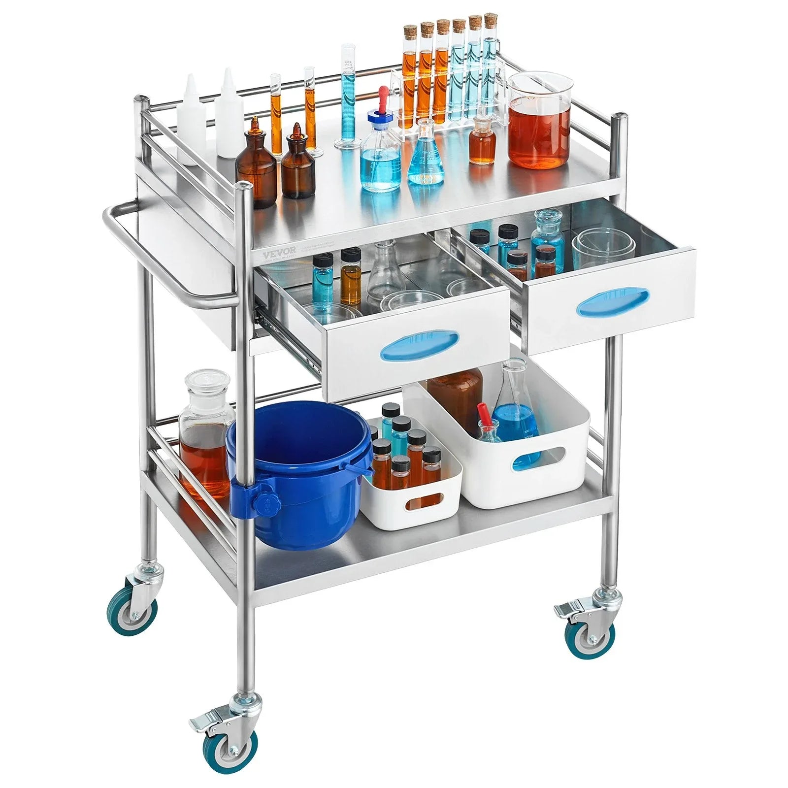 VEVOR Lab Serving Cart, 2 Layers Stainless Steel Utility Rolling Cart, Medical Cart with Two Drawers, Dental Utility Cart with Lockable Wheels and A Bucket, for Laboratory, Hospital, Dental Use - Mekamart Australia