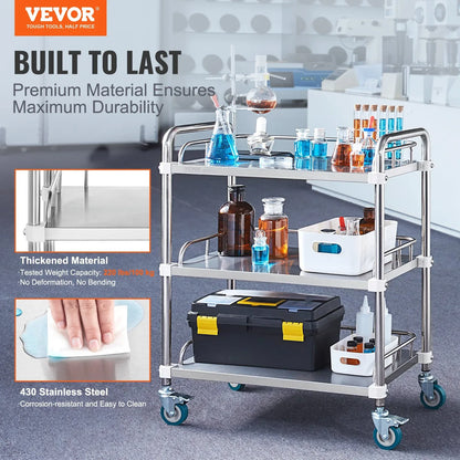 VEVOR Lab Rolling Cart, 3-Shelf Stainless Steel Rolling Cart, Lab Serving Cart with Swivel Casters, Dental Utility Cart for Clinic, Lab, Hospital, Salon, 26.38"x15.55"x34.13" - Mekamart Australia