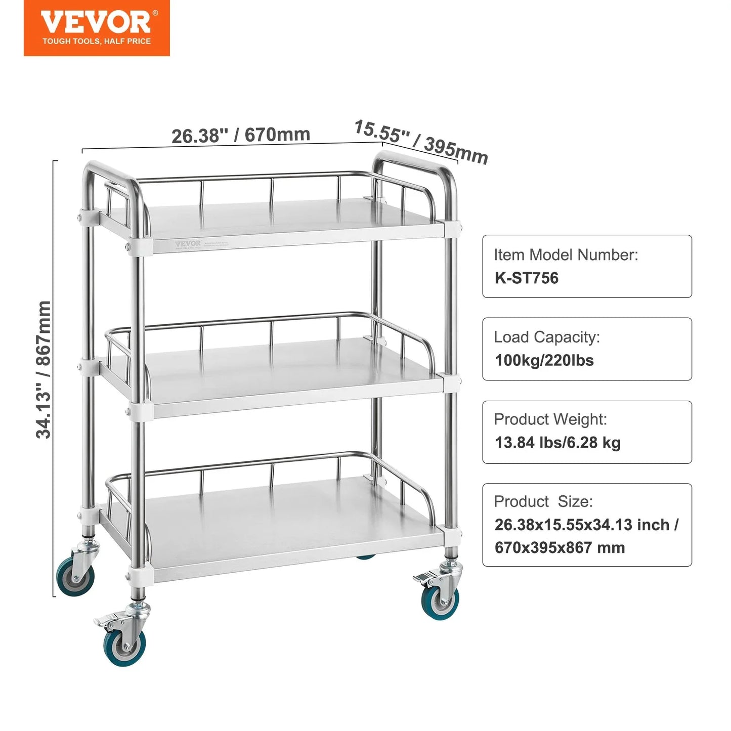 VEVOR Lab Rolling Cart, 3-Shelf Stainless Steel Rolling Cart, Lab Serving Cart with Swivel Casters, Dental Utility Cart for Clinic, Lab, Hospital, Salon, 26.38"x15.55"x34.13" - Mekamart Australia