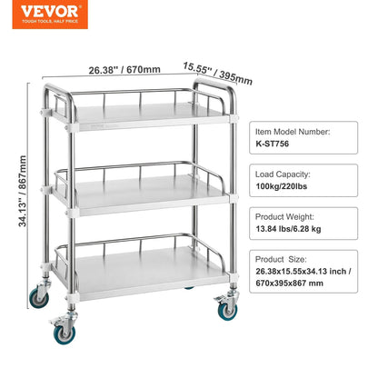 VEVOR Lab Rolling Cart, 3-Shelf Stainless Steel Rolling Cart, Lab Serving Cart with Swivel Casters, Dental Utility Cart for Clinic, Lab, Hospital, Salon, 26.38"x15.55"x34.13" - Mekamart Australia