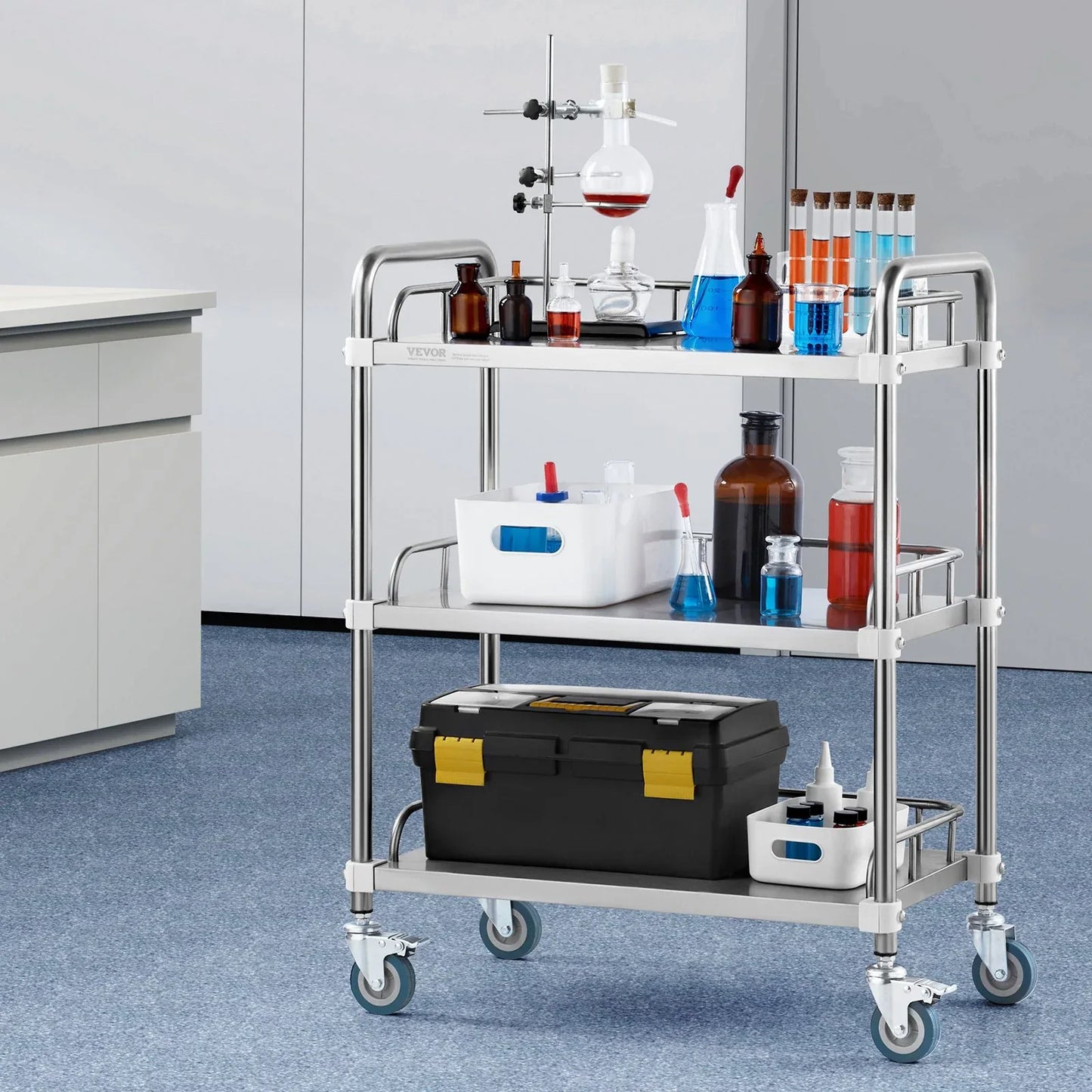 VEVOR Lab Rolling Cart, 3-Shelf Stainless Steel Rolling Cart, Lab Serving Cart with Swivel Casters, Dental Utility Cart for Clinic, Lab, Hospital, Salon, 26.38"x15.55"x34.13" - Mekamart Australia