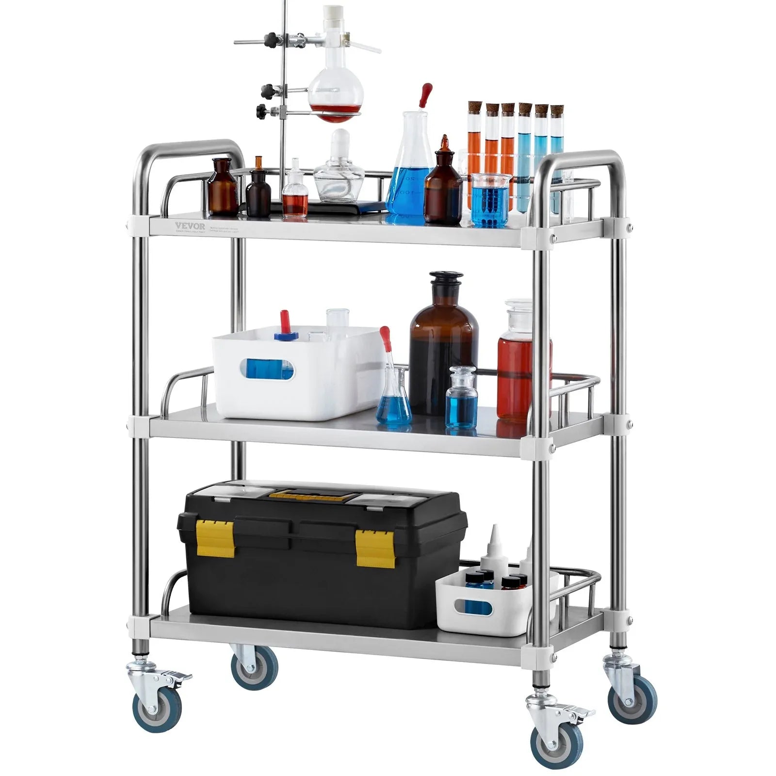 VEVOR Lab Rolling Cart, 3-Shelf Stainless Steel Rolling Cart, Lab Serving Cart with Swivel Casters, Dental Utility Cart for Clinic, Lab, Hospital, Salon, 26.38"x15.55"x34.13" - Mekamart Australia