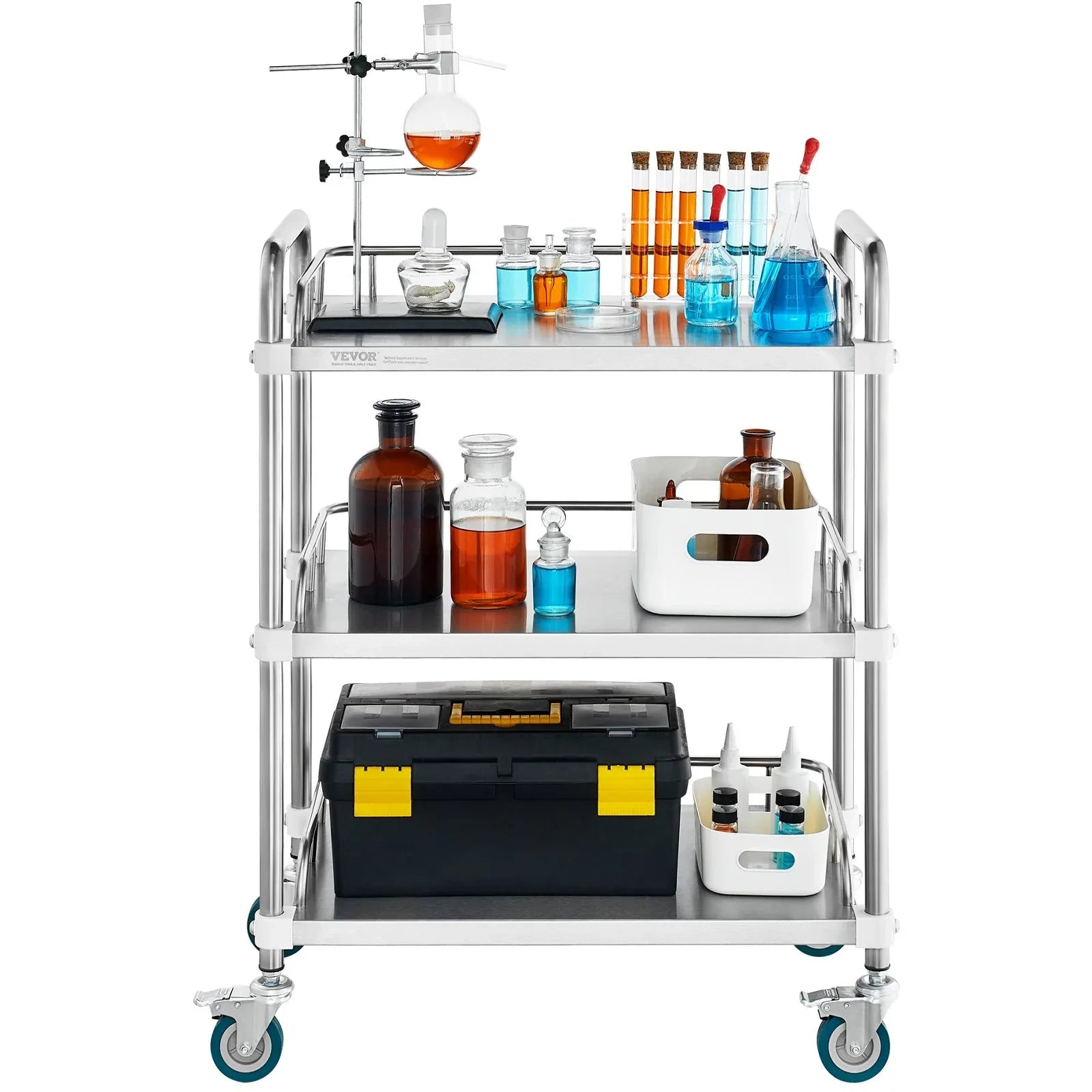 VEVOR Lab Rolling Cart, 3-Shelf Stainless Steel Rolling Cart, Lab Serving Cart with Swivel Casters, Dental Utility Cart for Clinic, Lab, Hospital, Salon, 26.38"x15.55"x34.13" - Mekamart Australia
