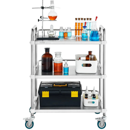 VEVOR Lab Rolling Cart, 3-Shelf Stainless Steel Rolling Cart, Lab Serving Cart with Swivel Casters, Dental Utility Cart for Clinic, Lab, Hospital, Salon, 26.38"x15.55"x34.13" - Mekamart Australia