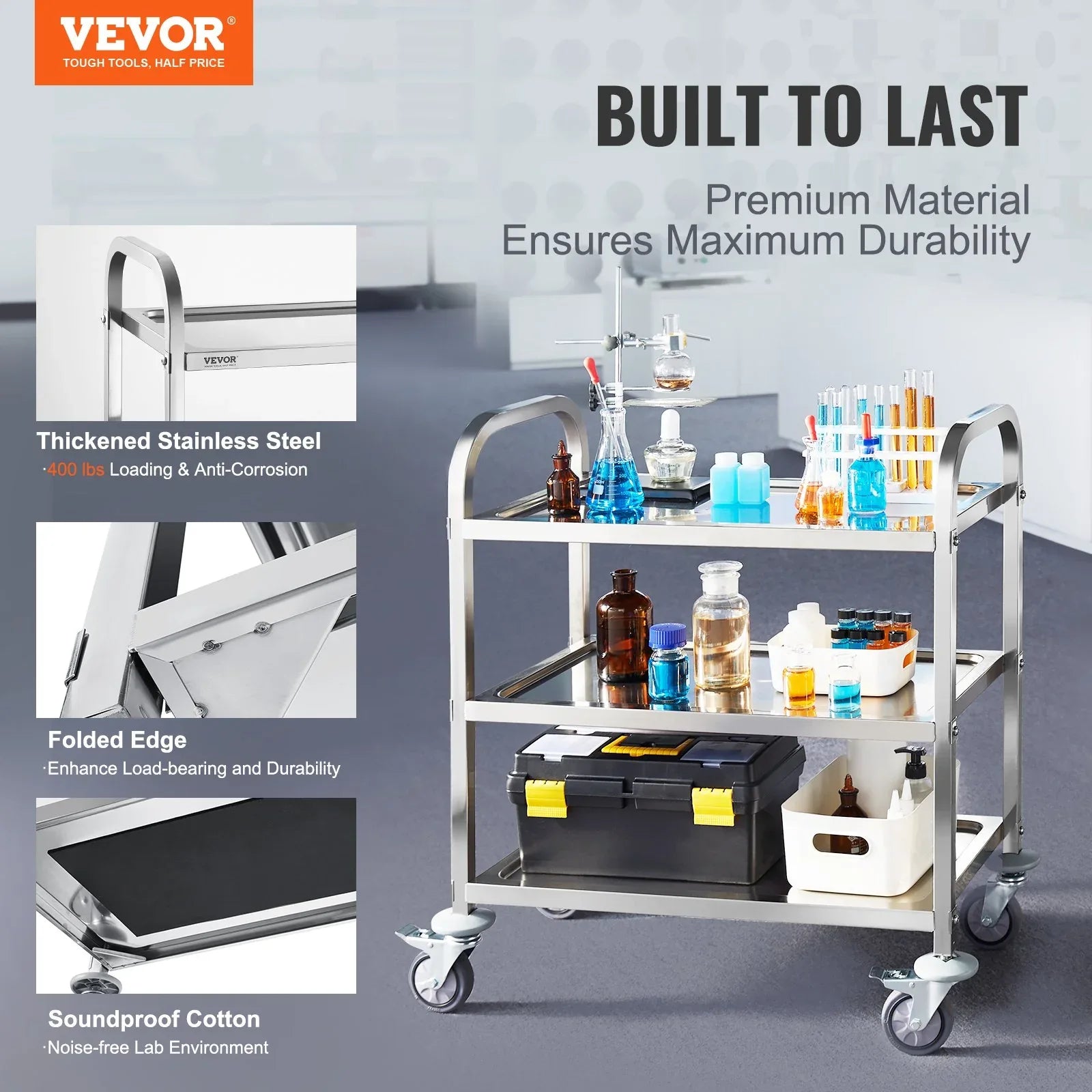 VEVOR Stainless Steel Cart, 3 Layers Lab Utility Cart 181 kg Weight Capacity, Medical Cart with Lockable Universal Wheels, for Lab, Clinic, Kitchen, Salon - Mekamart Australia