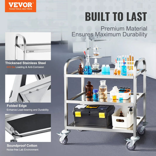 VEVOR Stainless Steel Cart, 3 Layers Lab Utility Cart 181 kg Weight Capacity, Medical Cart with Lockable Universal Wheels, for Lab, Clinic, Kitchen, Salon