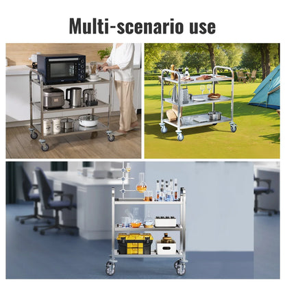 VEVOR Stainless Steel Cart, 3 Layers Lab Utility Cart 181 kg Weight Capacity, Medical Cart with Lockable Universal Wheels, for Lab, Clinic, Kitchen, Salon - Mekamart Australia