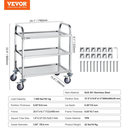 VEVOR Stainless Steel Cart, 3 Layers Lab Utility Cart 181 kg Weight Capacity, Medical Cart with Lockable Universal Wheels, for Lab, Clinic, Kitchen, Salon - Mekamart Australia