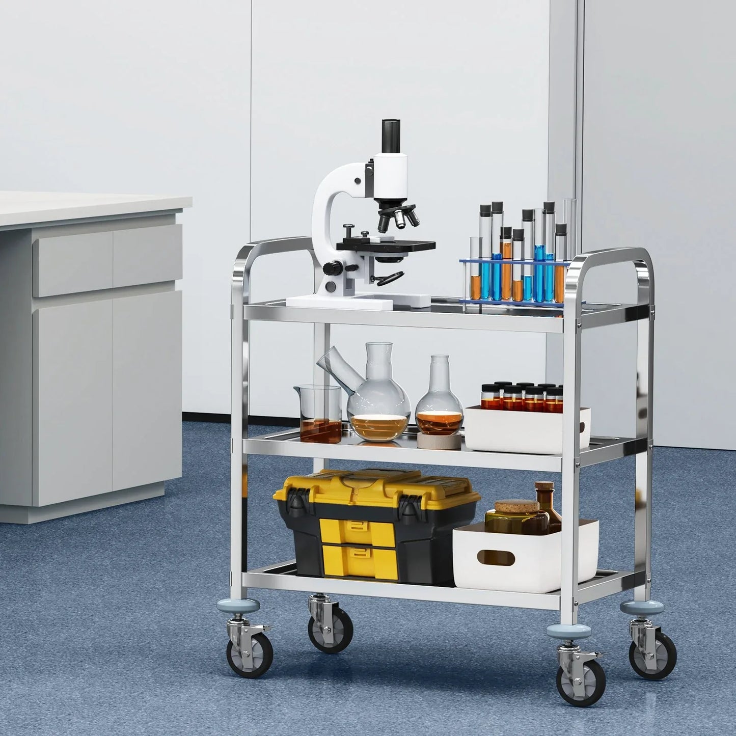 VEVOR Stainless Steel Cart, 3 Layers Lab Utility Cart 181 kg Weight Capacity, Medical Cart with Lockable Universal Wheels, for Lab, Clinic, Kitchen, Salon - Mekamart Australia