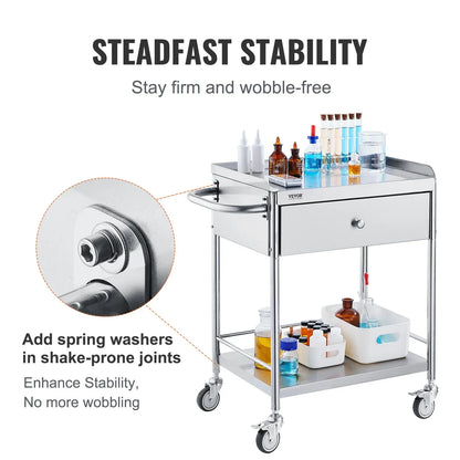 VEVOR Medical Cart, 2 Layer stainless Steel Cart100 kg Weight Capacity Utility Cart Silent Wheels and a Drawer for Lab, Clinic, kitchen, Salon - Mekamart Australia