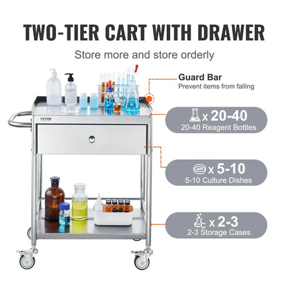 VEVOR Medical Cart, 2 Layer stainless Steel Cart100 kg Weight Capacity Utility Cart Silent Wheels and a Drawer for Lab, Clinic, kitchen, Salon - Mekamart Australia