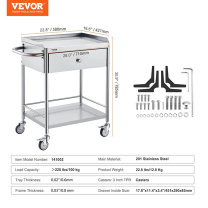 VEVOR Medical Cart, 2 Layer stainless Steel Cart100 kg Weight Capacity Utility Cart Silent Wheels and a Drawer for Lab, Clinic, kitchen, Salon - Mekamart Australia