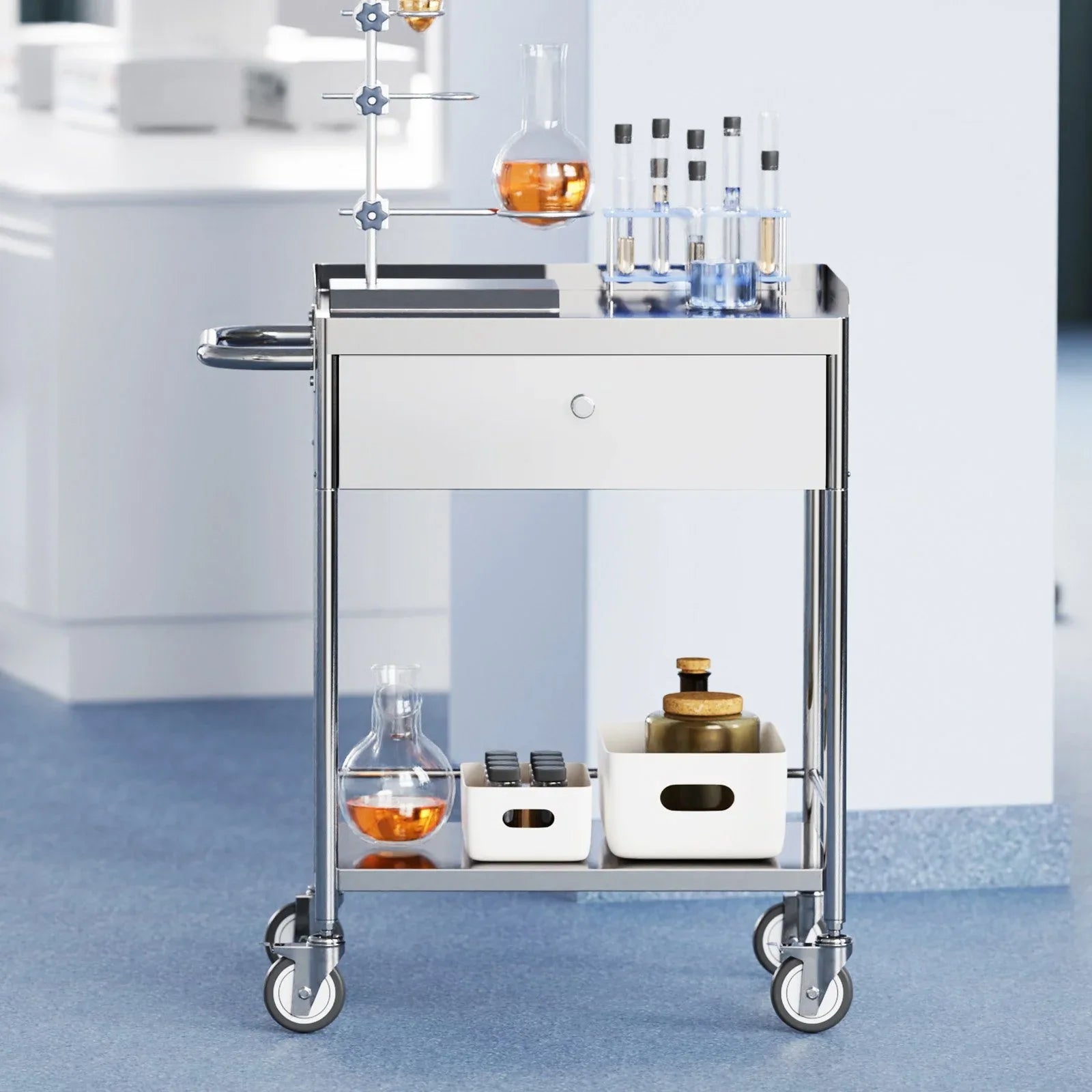VEVOR Medical Cart, 2 Layer stainless Steel Cart100 kg Weight Capacity Utility Cart Silent Wheels and a Drawer for Lab, Clinic, kitchen, Salon - Mekamart Australia