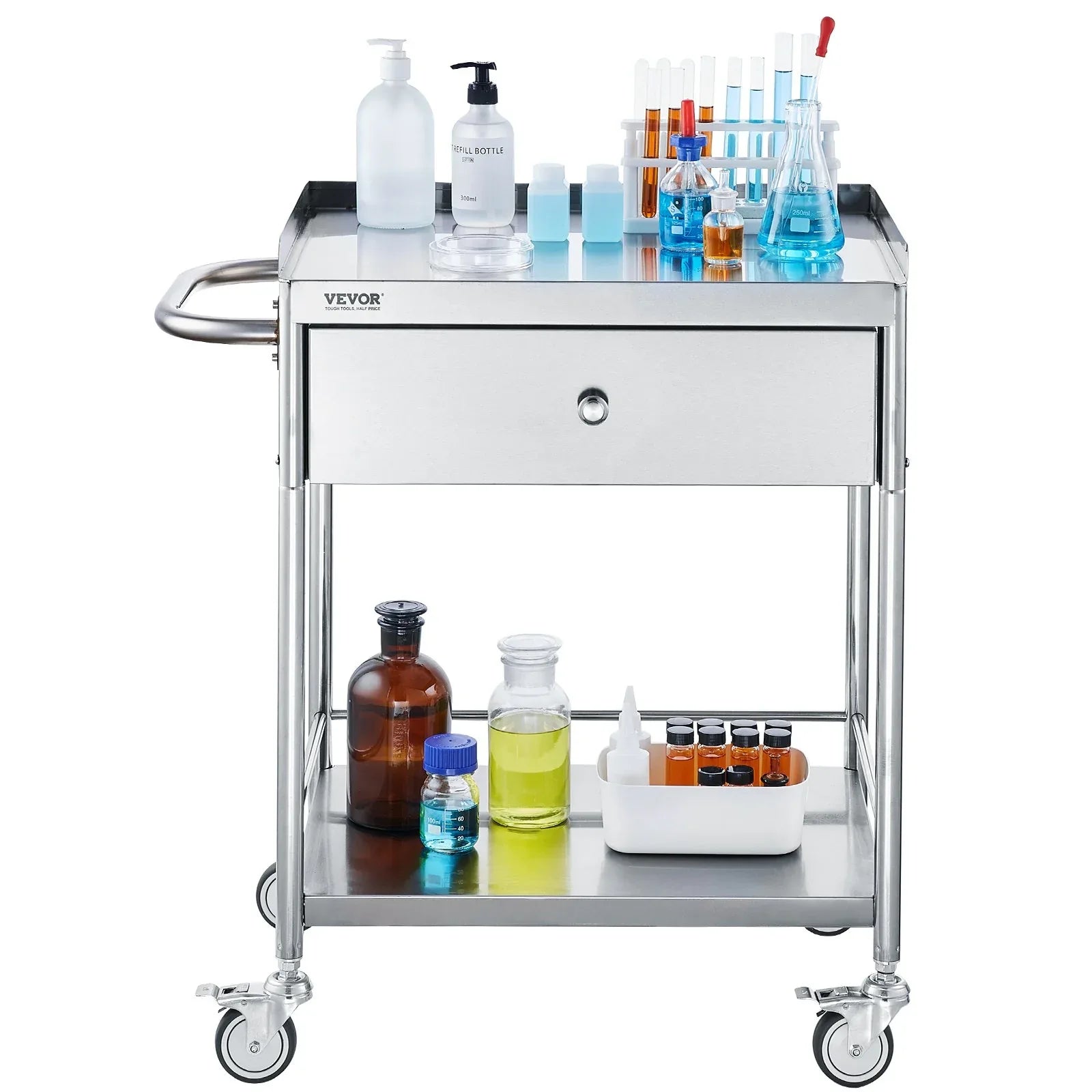 VEVOR Medical Cart, 2 Layer stainless Steel Cart100 kg Weight Capacity Utility Cart Silent Wheels and a Drawer for Lab, Clinic, kitchen, Salon - Mekamart Australia