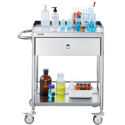VEVOR Medical Cart, 2 Layer stainless Steel Cart100 kg Weight Capacity Utility Cart Silent Wheels and a Drawer for Lab, Clinic, kitchen, Salon - Mekamart Australia