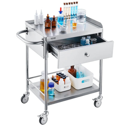 VEVOR Medical Cart, 2 Layer stainless Steel Cart100 kg Weight Capacity Utility Cart Silent Wheels and a Drawer for Lab, Clinic, kitchen, Salon - Mekamart Australia
