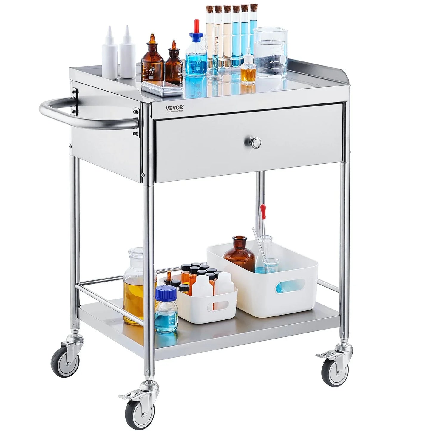VEVOR Medical Cart, 2 Layer stainless Steel Cart100 kg Weight Capacity Utility Cart Silent Wheels and a Drawer for Lab, Clinic, kitchen, Salon - Mekamart Australia