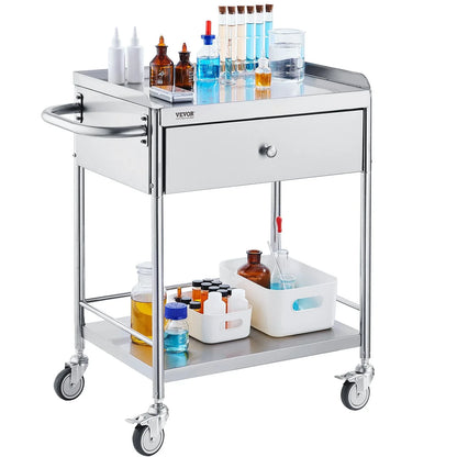 VEVOR Medical Cart, 2 Layer stainless Steel Cart100 kg Weight Capacity Utility Cart Silent Wheels and a Drawer for Lab, Clinic, kitchen, Salon - Mekamart Australia