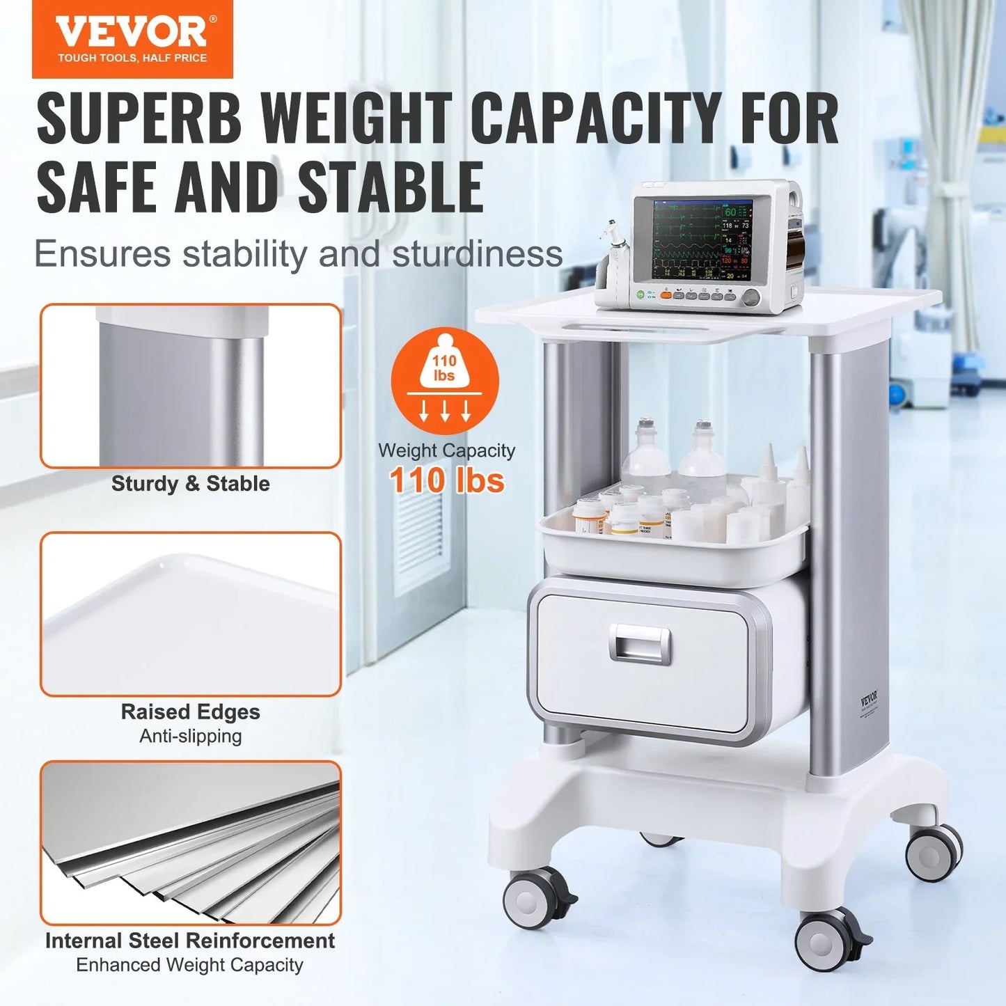 VEVOR 2 Tiers Lab Carts Mobile Medical Cart with 1 Drawer & 1 Top Tray White - Mekamart Australia