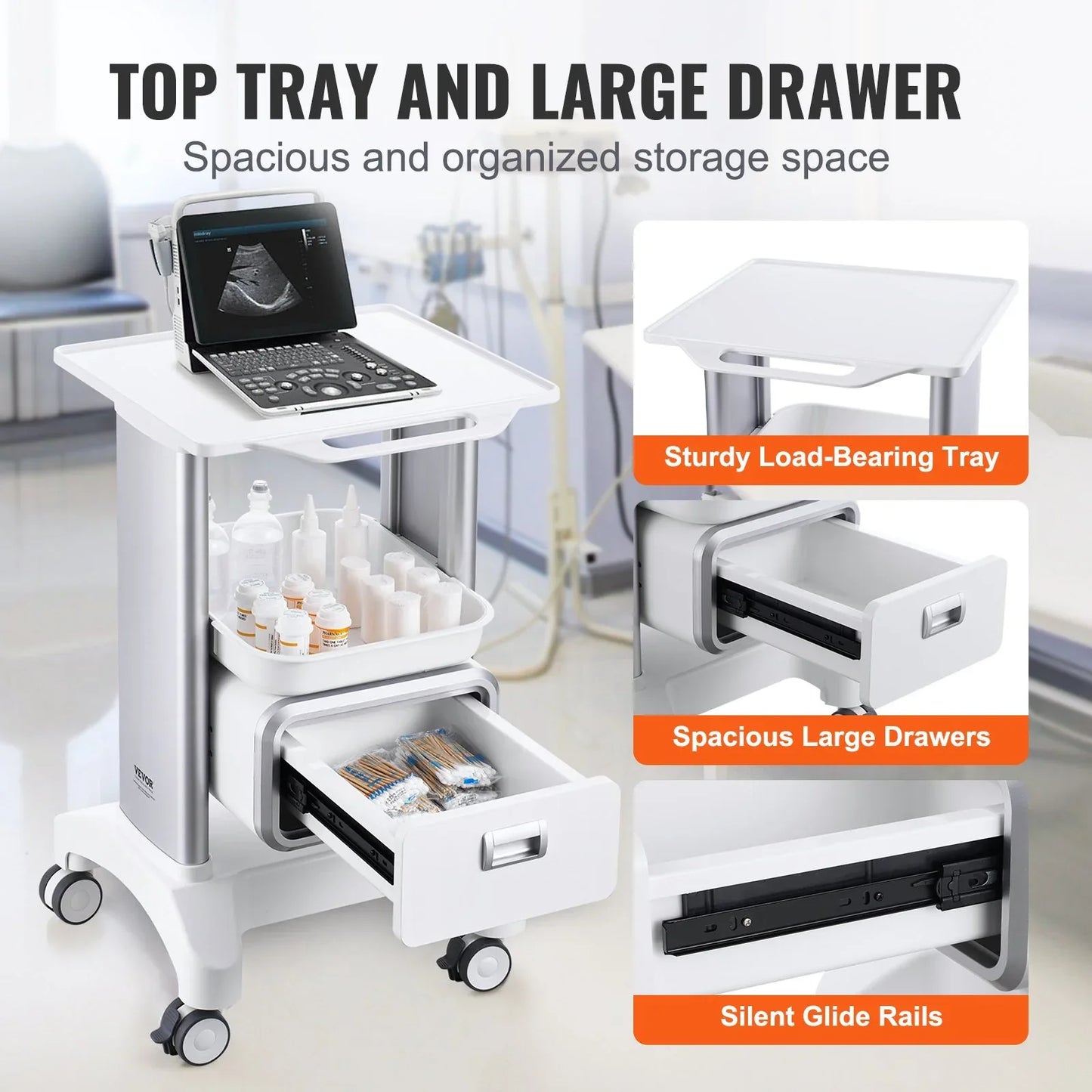 VEVOR 2 Tiers Lab Carts Mobile Medical Cart with 1 Drawer & 1 Top Tray White - Mekamart Australia