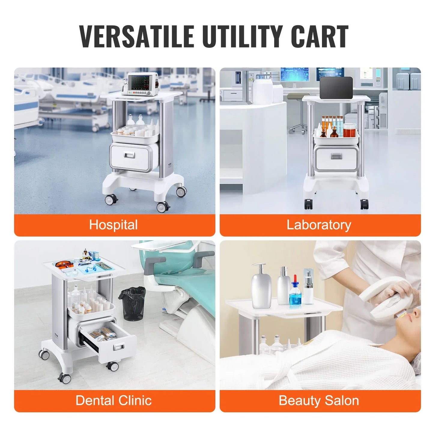 VEVOR 2 Tiers Lab Carts Mobile Medical Cart with 1 Drawer & 1 Top Tray White - Mekamart Australia